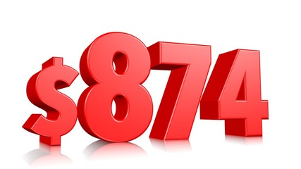 874$ Eight hundred seventy-four price symbol. red text number 3d render with dollar sign on white background