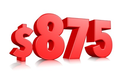 875$ Eight hundred seventy-five price symbol. red text number 3d render with dollar sign on white background
