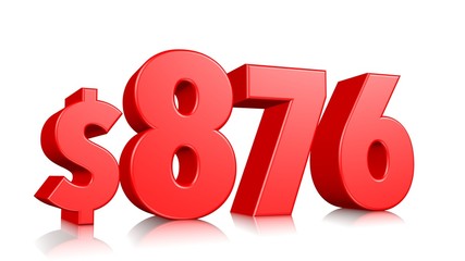 876$ Eight hundred seventy-six price symbol. red text number 3d render with dollar sign on white background