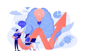 Brain, lightbulb and business team solving problem. Innovative solution, problem-solving and crisis management concept on white background. Coral pink palette vector isolated illustration