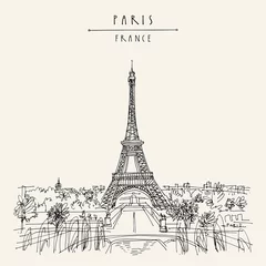 Zelfklevend Fotobehang  Paris, France, Europe. Eiffel Tower. Artistic hand drawing in retro style. European travel sketch. Vintage hand drawn touristic postcard, poster or book illustration in vector © babayuka
