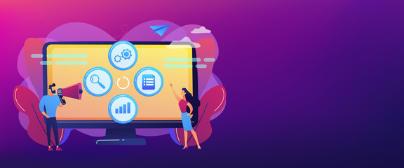 Tiny people managers plan and analyse campaign. Marketing campaign management, marketing strategy execution, campaign efficiency control concept. Header or footer banner template with copy space.