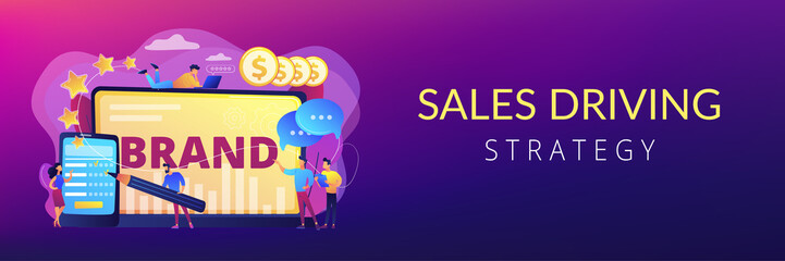 Promoting company credibility. Increasing clients loyalty. Customers conversion. Brand reputation, brand management, sales driving strategy concept. Header or footer banner template with copy space.