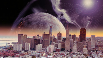 Large planet rising over San Francisco city skyline in a futuristic world