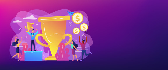Competition winner holding golden trophy and medal. Leadership and achievement. Prize pool, prize money distribution, tournament main prize concept. Header or footer banner template with copy space.