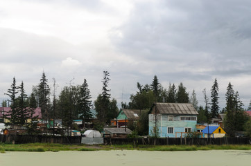 Private houses in the Northern spruce forest of the village of ulus Suntar in Yakutia are near a muddy lake.
