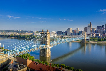 Fototapeta na wymiar Panoramic view of Cincinnati downtown with the historic Roebling suspension bridge over the Ohio river