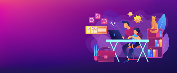 Freelancer with child working on laptop. Parent working with son. Home office. Remote worker, employee schedule, flexible schedule concept. Header or footer banner template with copy space.