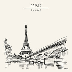 Eiffel Tower in Paris, France. Vintage hand drawn touristic postcard - obrazy, fototapety, plakaty