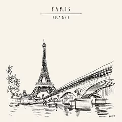 Schilderijen op glas Eiffel Tower in Paris, France. Vintage hand drawn touristic postcard © babayuka