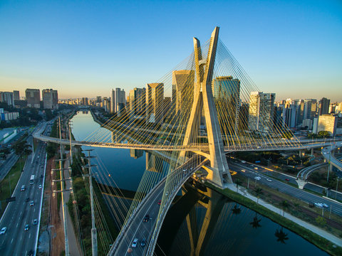 Suspension bridge. Cable-stayed bridge in the world. Sao Paulo city, Brazil, South America. 