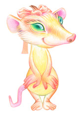 Pencil drawing of a rat. Illustration for children. Image of animals with colored pencils. Chinese Horoscope 2020. Little girl is a rat.