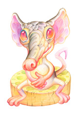 Pencil drawing of a rat. Illustration for children. Image of animals with colored pencils. Chinese Horoscope 2020. The old rat sits on cheese. 