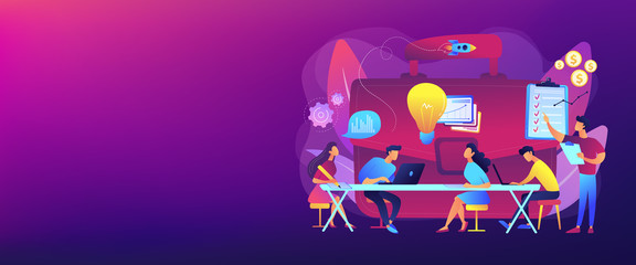 Fototapeta premium Colleagues meeting. Team brainstorming. Corporate training. Business briefing, teamwork task discussion, business strategy communication concept. Header or footer banner template with copy space.