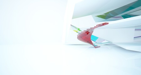 Abstract architectural white and glass gradient color interior of a minimalist house with large windows. 3D illustration and rendering.