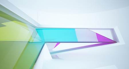 Fototapeta premium Abstract architectural white and glass gradient color interior of a minimalist house with large windows. 3D illustration and rendering.