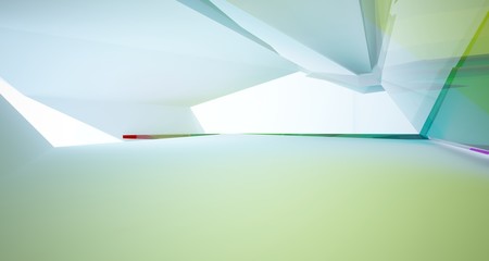 Abstract architectural white and glass gradient color interior of a minimalist house with large windows. 3D illustration and rendering.