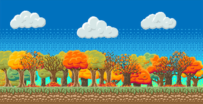 8bit indie arcade game scene, blue sky with clouds, 28 different autumn trees with colored leaves, leaf fall.. Details of the game trees, earth, clouds, sky background.