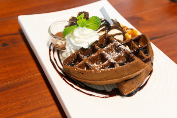 Waffle with ice cream.