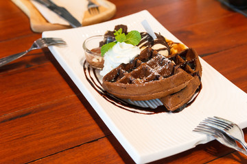 Waffle with ice cream.