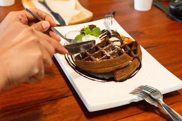 Waffle with ice cream.