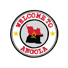 Vector stamp of welcome to Angola with map outline of the nation in center.