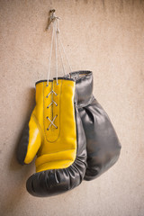 Black boxing gloves hanging on plywood wall.