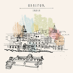 View of Udaipur, Rajasthan, India. Hand drawn cityscape sketch. Travel art. Vintage artistic postcard