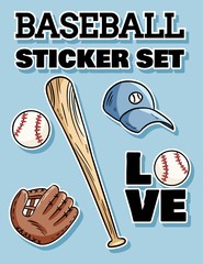 Baseball sticker set. Baseball bat, hat and catchig glove label doodles. Hand drawn collection set