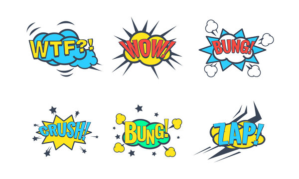 Comic Speech Bubble with Text Set, Comic Sound Effects, Wtf, Wow, Bung, Crush, Zap Vector Illustration