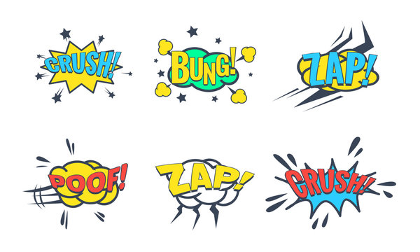 Comic Speech Bubble with Text Set, Comic Sound Effects, Bung, Crush, Zap, Poof Vector Illustration