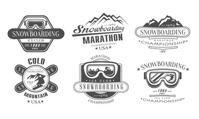 Snowboarding Championship, Marathon Retro Logo Templates Set, Cold Snowing Mountain Vintage Monochrome Labels Vector Illustration