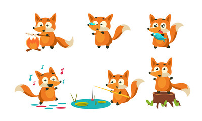Cute Little Fox Doing Different Activities Set, Adorable Animal Character Roasting Marshmallow, Dancing, Fishing, Eating Vector Illustration