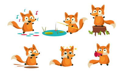 Cute Little Fox Doing Different Activities Set, Adorable Animal Character Fishing, Dancing, Running, Dying Vector Illustration