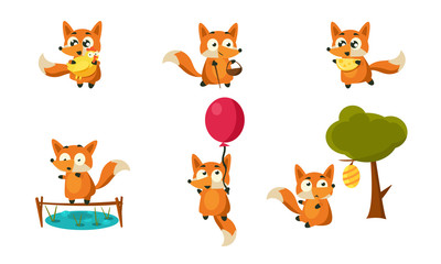 Cute Little Fox Doing Different Activities Set, Adorable Forest Animal Character in Different Situations Vector Illustration