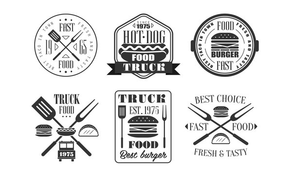 Food Truck Retro Logo Templates Set, Fresh and Tasty Fast Food Vintage Monochrome Labels Vector Illustration