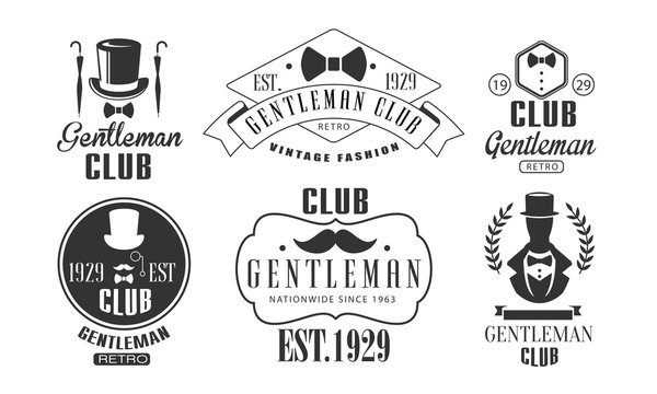 Gentleman Club Vintage Logo Templates Set, Retro Fashion Club Monochrome Emblems Vector Illustration