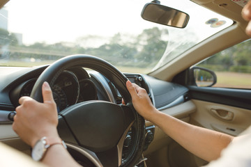 male hands on steering wheel on the right with country side view