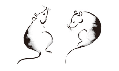 正月 年賀 子 ねずみ 墨絵 筆絵　イラスト