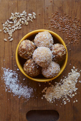 energy ball of oatmeal, coconut, flaxseeds, fruit