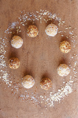 energy ball of oatmeal, coconut, flaxseeds, fruit