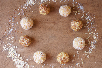 energy ball of oatmeal, coconut, flaxseeds, fruit
