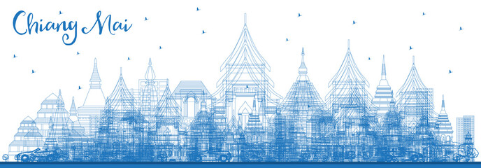 Obraz premium Outline Chiang Mai Thailand City Skyline with Blue Buildings.