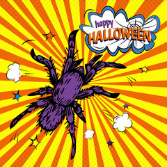 Vector poster with illustration of purple spider on yellow orange background with comics rays and dots