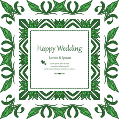Border of frame, cute pink flower frame, design lettering of happy wedding. Vector
