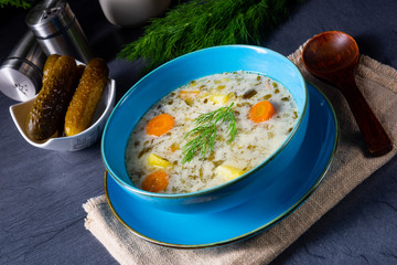 Polish sour cucumber soup or salt cucumber soup.