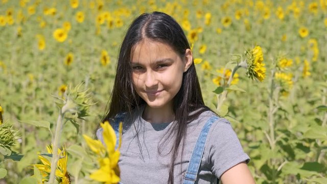 Young brunette girl smiling while standing in a field with sunflowers