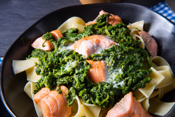 pappardelle pasta with creamed spinach and fried salmon
