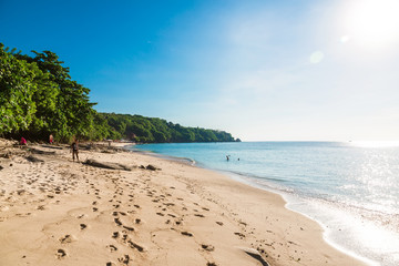 Tropical beach with blue ocean, sky and sunshine in Bali - obrazy, fototapety, plakaty