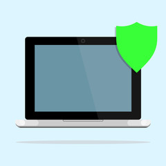 Laptop, computer, pc with shield. Security, data protection. Vector flat design